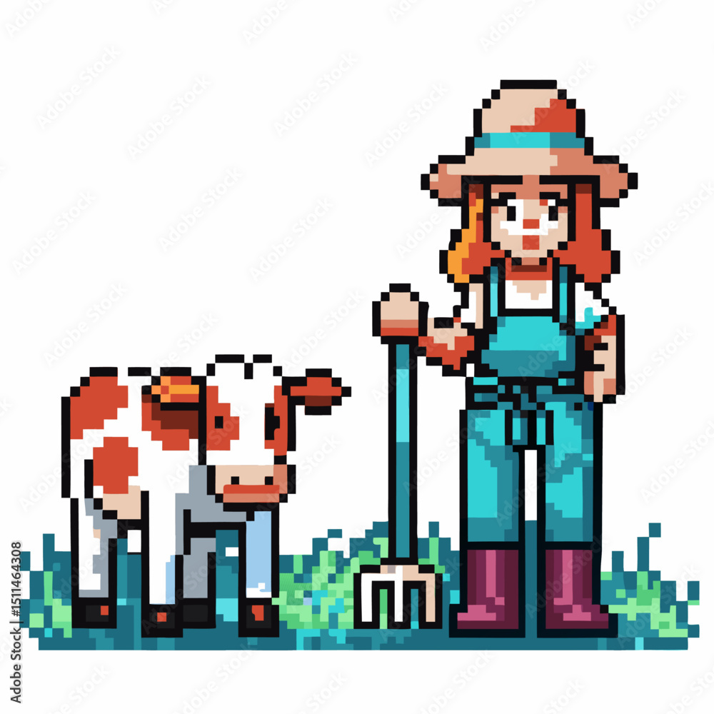 pixel farmer and cow in field retro art style, colorful digital illustration rural life, agriculture and livestock theme pixel farmer and cow in field retro art style, colorful digital illustration rural life, agriculture and livestock theme