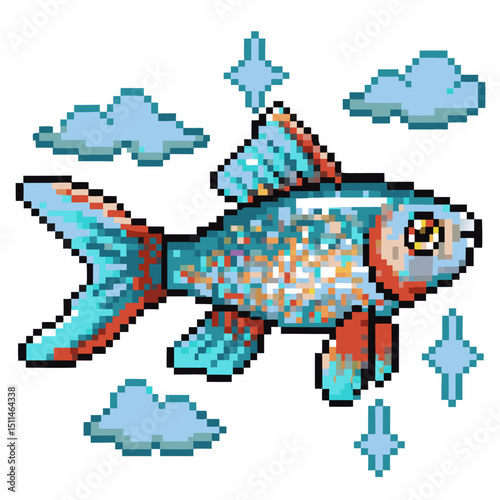 Colorful pixel art fish in digital aquatic world, retro video game