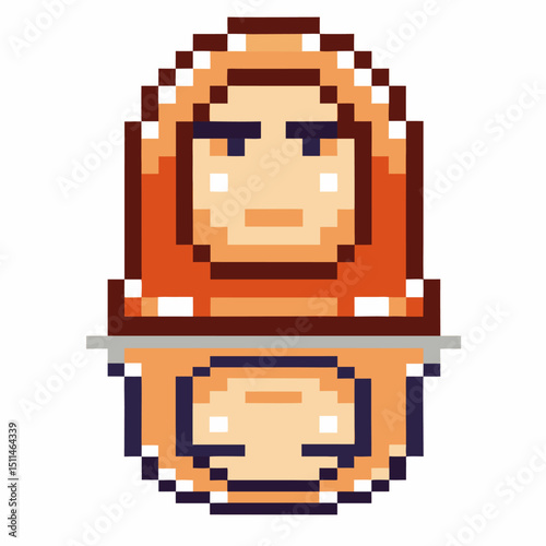 Retro pixel art character reflection with orange hoodie in symmetrical design