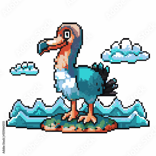 pixel art dodo bird retro digital illustration, extinct animal on island with cloud background