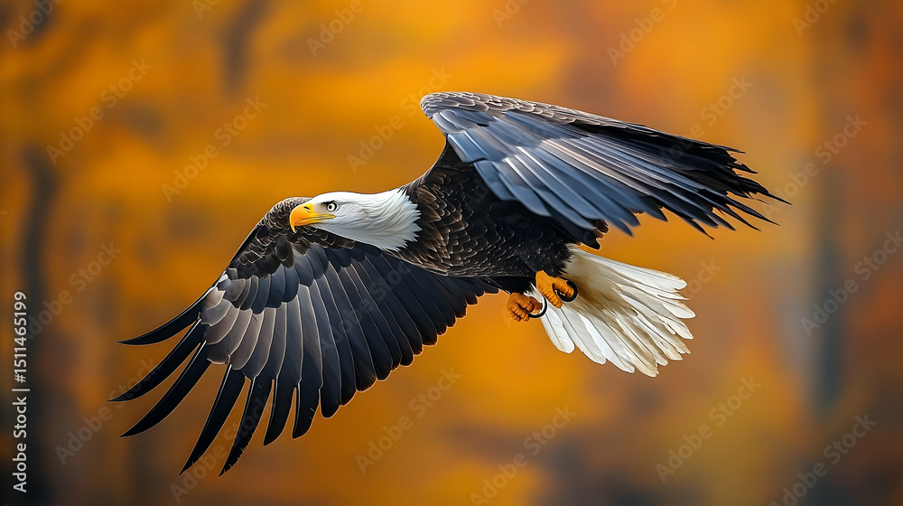 Obraz premium Majestic bald eagle soaring through autumnal foliage.