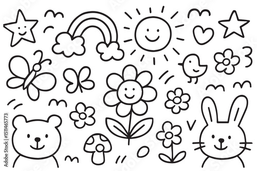 A vibrant doodle style vector background showcases fun drawings made for kindergarten kids, including animals, letters, numbers, and friendly cartoon faces.