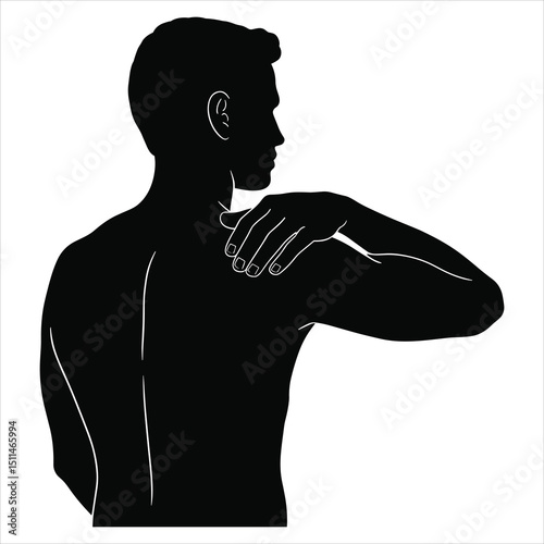 Black silhouette vector of a person massaging their own shoulder with one hand 