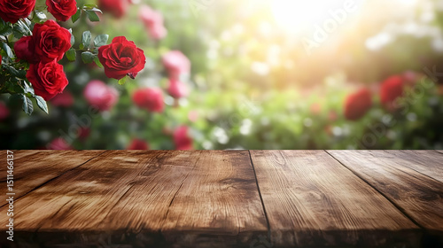 Fototapeta Naklejka Na Ścianę i Meble -  Elegant wooden table setup with blurred red roses in the background