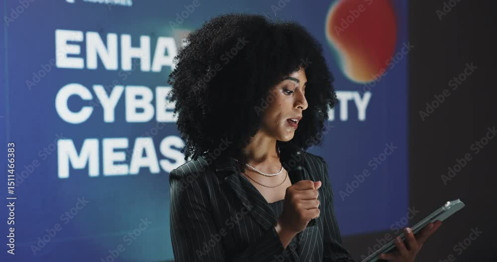 Woman, speaker and tablet at conference event for enhanced cybersecurity measures. Person, public speaking and presentation for online cyberattacks, data protection and innovation for digital safety