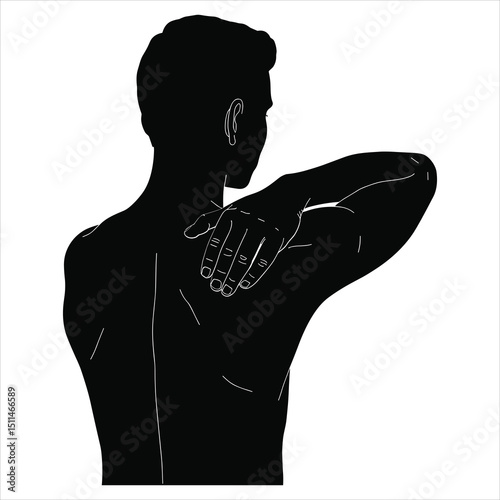 Black silhouette vector of a person massaging their own shoulder with one hand 