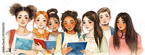 Diverse Groups of Students – College, High School, and University Friends Smiling, Studying, and Standing Together. vector illustration.