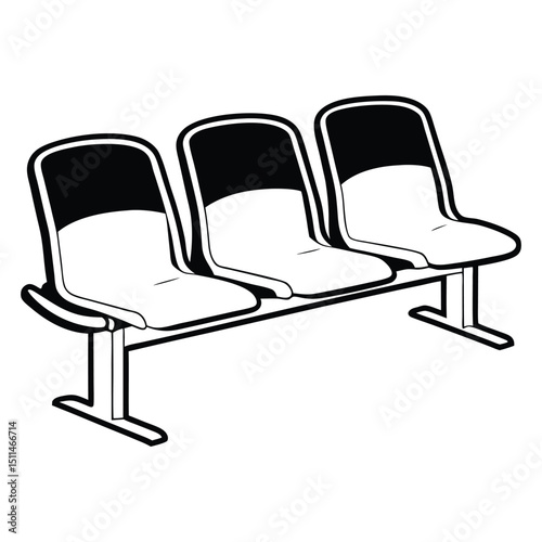 Waiting Area Seating with Three Chairs in a Row Black and White Silhouette Style Isolated on White Background silhouette