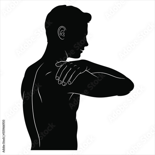 Black silhouette vector of a person massaging their own shoulder with one hand 