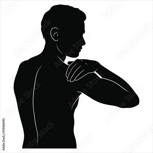 Black silhouette vector of a person massaging their own shoulder with one hand 