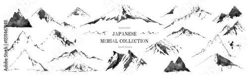 [和の景観を彩る｜手描き墨絵の山々コレクション]山, ベクター, 富士山, 筆, 水墨画, 和風, 和, 山々, アイコン, 山脈, 筆書き, 正月, 年賀状, アウトドア, 登山, フレーム, 毛筆, 書道, シンプル, セット, イラスト