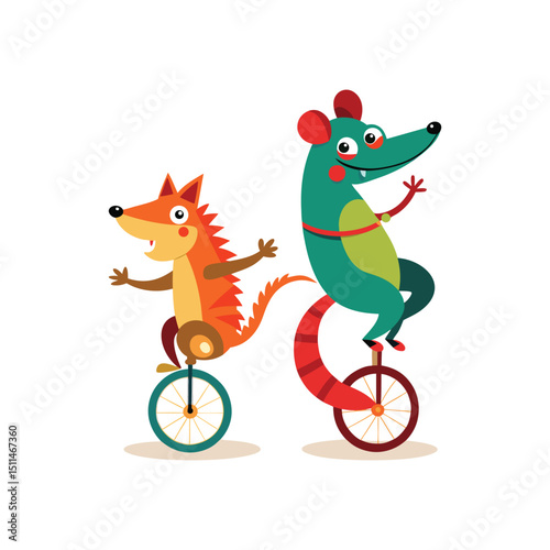 Funny wild animals on unicycles icon vector illustration