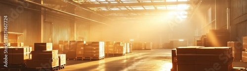 Warehouse filled with boxes bathed in golden sunlight