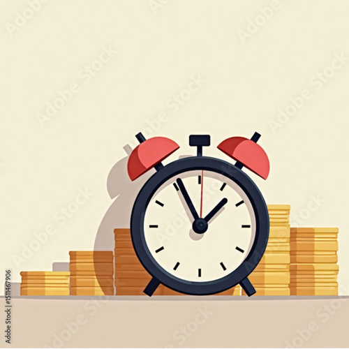 Alarm clock next to coins illustration, symbolizing time management and finance.