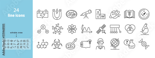 Icon set for chemistry and science visuals. Research, scientist, and education symbols included. Lab elements shown with editable outline strokes. Vector illustration.