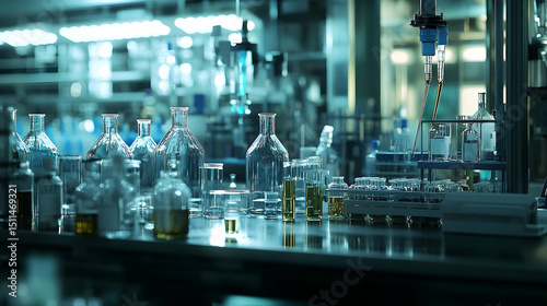 Laboratory workbench with glassware and equipment.