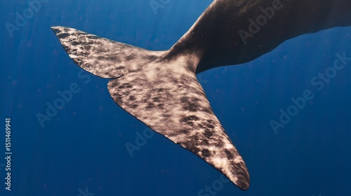 Beautiful And Gentle Southern Right Whale or Sperm Whale Slapping It's Tail On The Surface Of The Waves Large spermwhale dive in blue ocean. People dive to mammals under water. Blue whale sperm whale