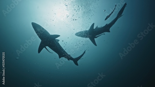 Fototapeta Naklejka Na Ścianę i Meble -  Amazing closeup black tip reef sharks with sharp teeth swimming underwater on coral reef ocean of Tonga. Shark diving tourism. Divers feed school of sharks Carcharhinus leucas marine of Pacific Ocean.