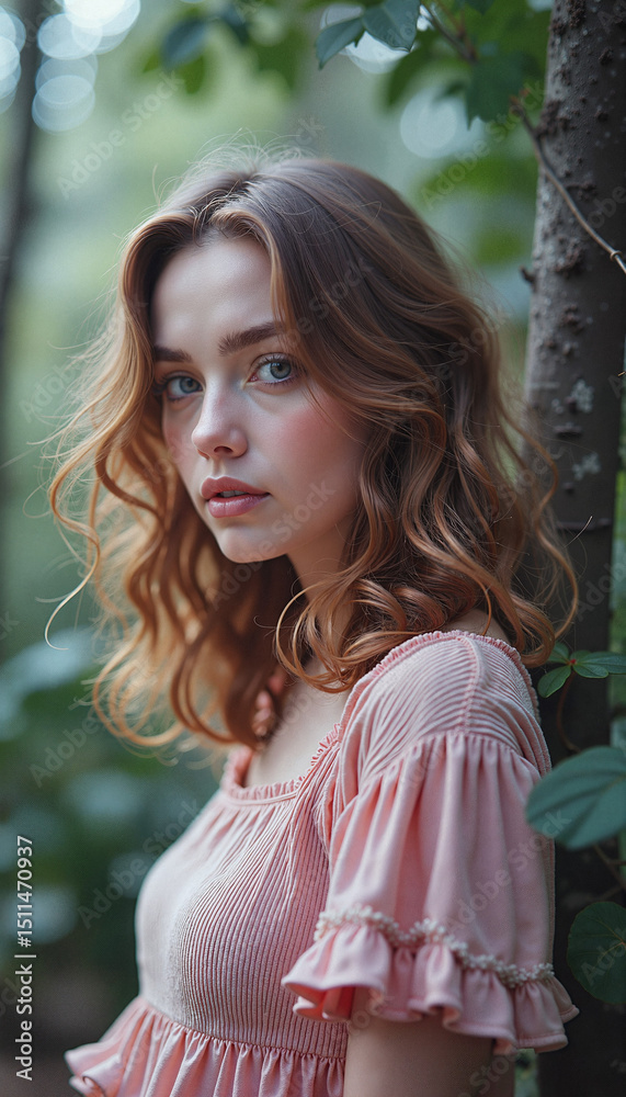 Naklejka premium Young woman gazing thoughtfully while standing by a tree outdoors 