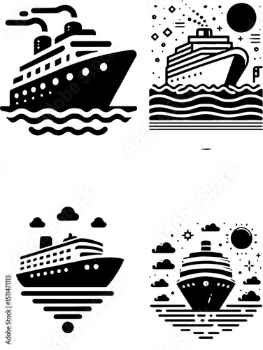 black and white icons of large cruise ships featuring water waves, clouds, sun or moon, and smokestack designs