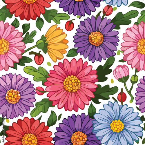 Aster Vector Illustration with Seamless Pattern Design