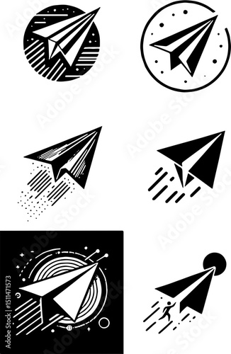 black and white vector icon set of paper airplanes with motion lines, cosmic backgrounds, and graphic speed concepts