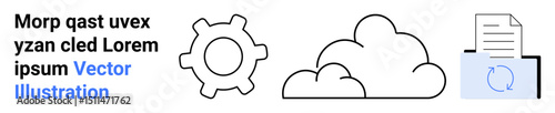 Gear, cloud shapes, and file with sync icon representing process, cloud storage, automation, and integration. Ideal for technology, innovation, cloud computing workflow digital solutions data