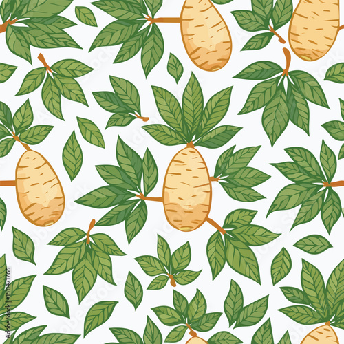 Cassava Vector Illustration with Seamless Pattern Design
