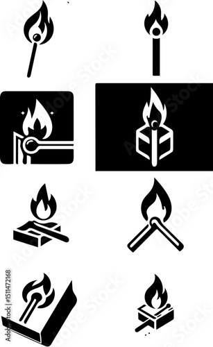 matchstick and flame vector icon collection in black and white