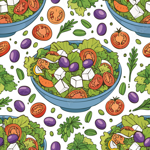 Greek Salad Vector Illustration with Seamless Pattern Design