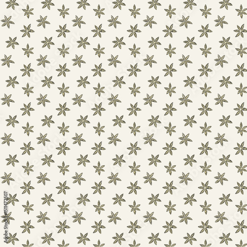 A repeating pattern of star-shaped anise or star anise spice.  Small, dark-gray star anise spice shapes are evenly spaced across a pale cream-beige background.