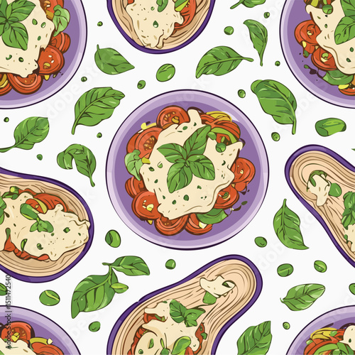 Eggplant Parmesan Vector Illustration with Seamless Pattern Design