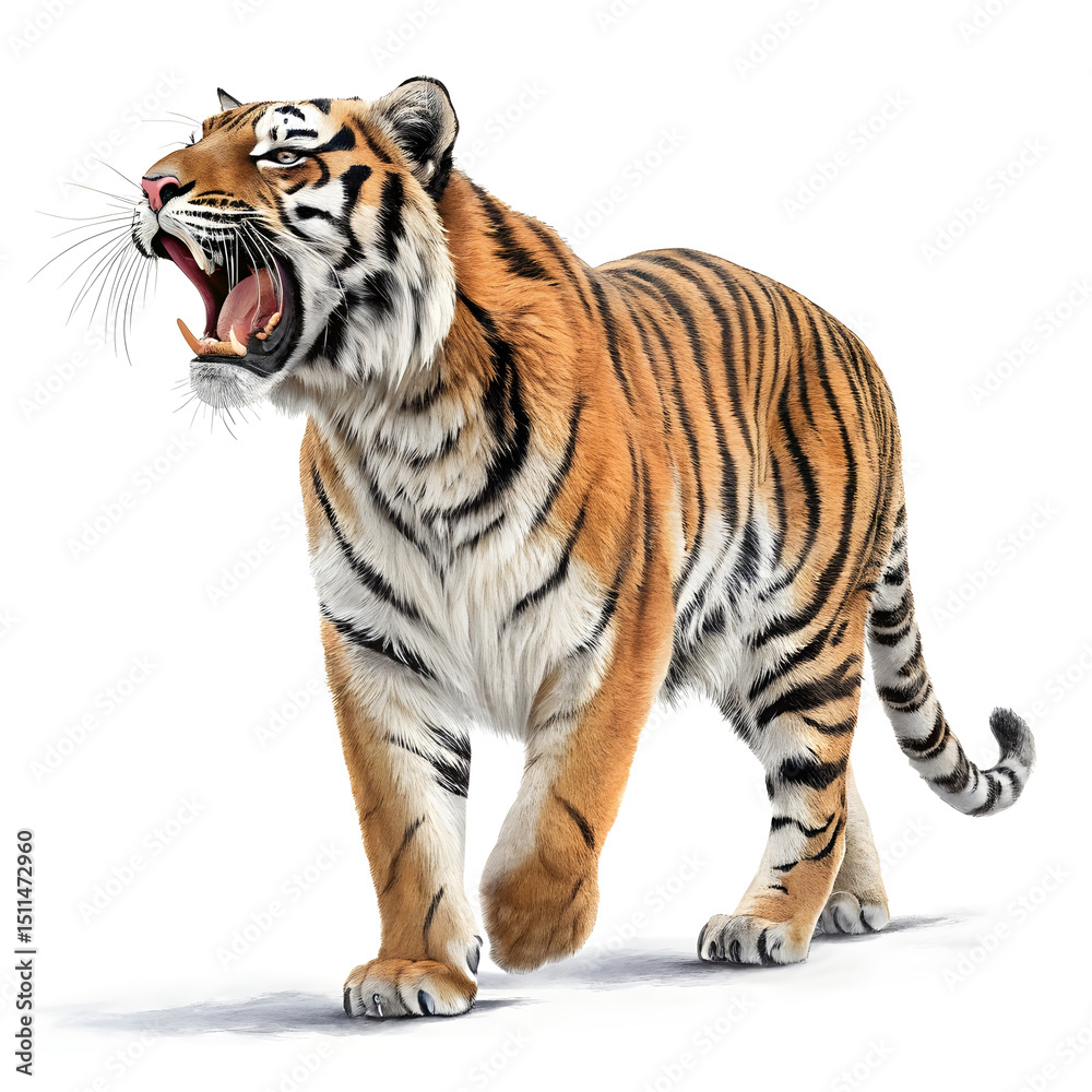 Fototapeta premium A roaring tiger facing forward with its body slightly angled, showing detailed fur and an intense expression.