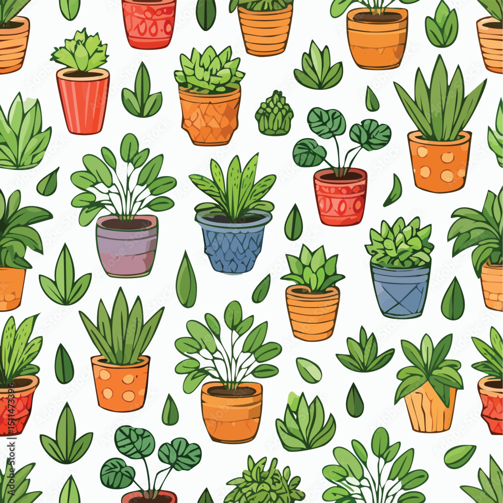 Fototapeta premium Plant pot Vector Illustration with Seamless Pattern Design