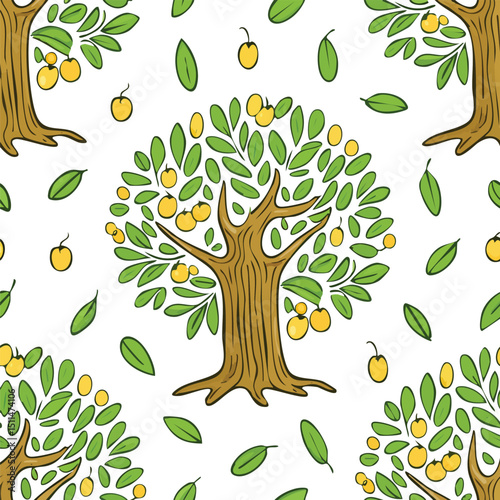 Olive Tree Vector Illustration with Seamless Pattern Design
