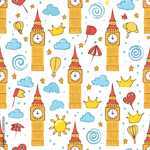 Big Ben, London, England Vector Illustration with Seamless Pattern Design