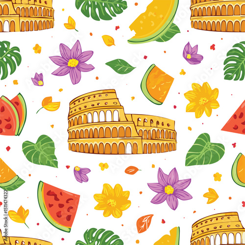 Colosseum, Rome, Italy Vector Illustration with Seamless Pattern Design