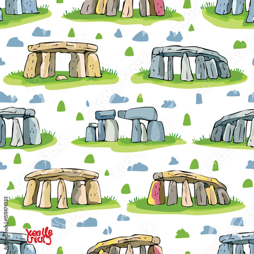 Stonehenge, Wiltshire, England Vector Illustration with Seamless Pattern Design