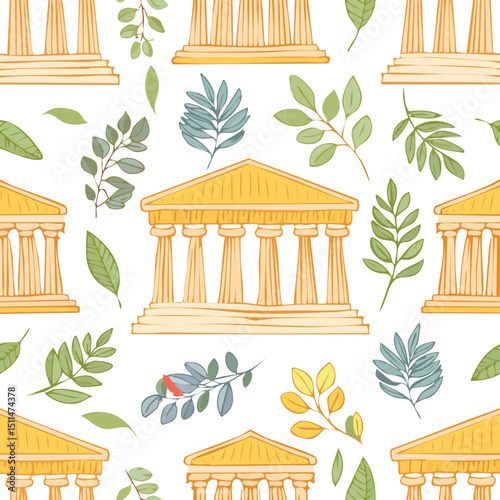 Acropolis of Athens, Athens, Greece Vector Illustration with Seamless Pattern Design