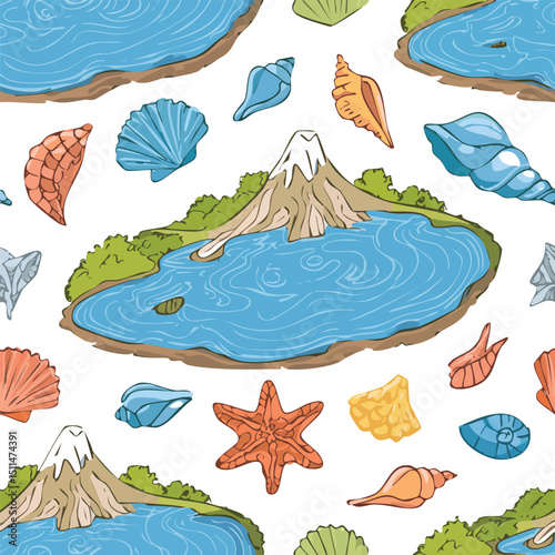 Blue Lagoon, Grindavik, Iceland Vector Illustration with Seamless Pattern Design