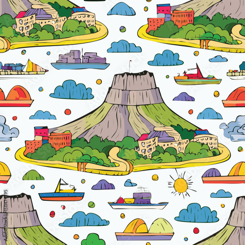 Table Mountain, Cape Town, South Africa Vector Illustration with Seamless Pattern Design