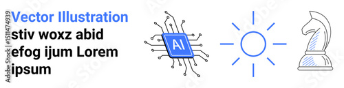 Microchip with AI, sun symbolizing energy, chess knight for strategy, and placeholder text. Ideal for AI, innovation, energy solutions, futuristic ideas, technology strategy simple landing page