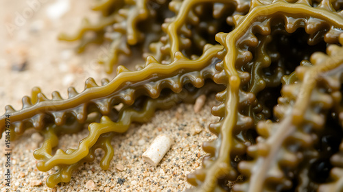 Closeup of Bladder Wrack or Fucus vesiculosus seaweed on the beach of the White Sea