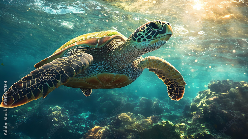 Obraz premium Green sea turtle swimming in clear, shallow water over a coral reef.