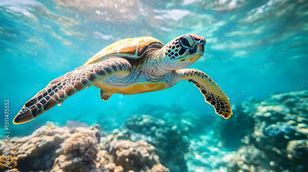Obraz premium Sea turtle swimming in turquoise water over coral reef.