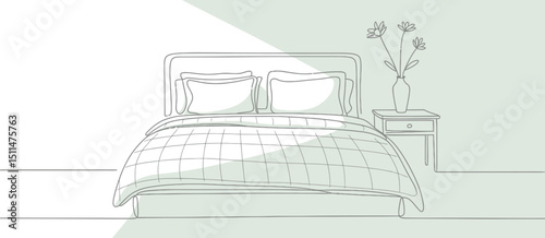 Simple Line Drawing of a Made Bed with Nightstand