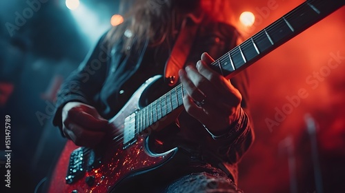 Passionate guitarist lost in a soulful riff bathed in the electric energy of a live rock show under vibrant stage photo
