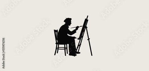 Silhouette of Artist Painting at Easel on Chair