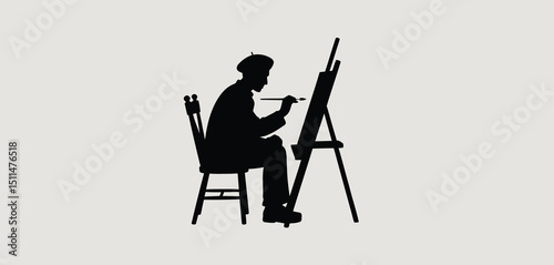 Silhouette of Artist Painting at Easel on Chair