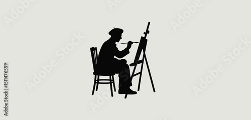 Silhouette of Artist Painting at Easel on Chair